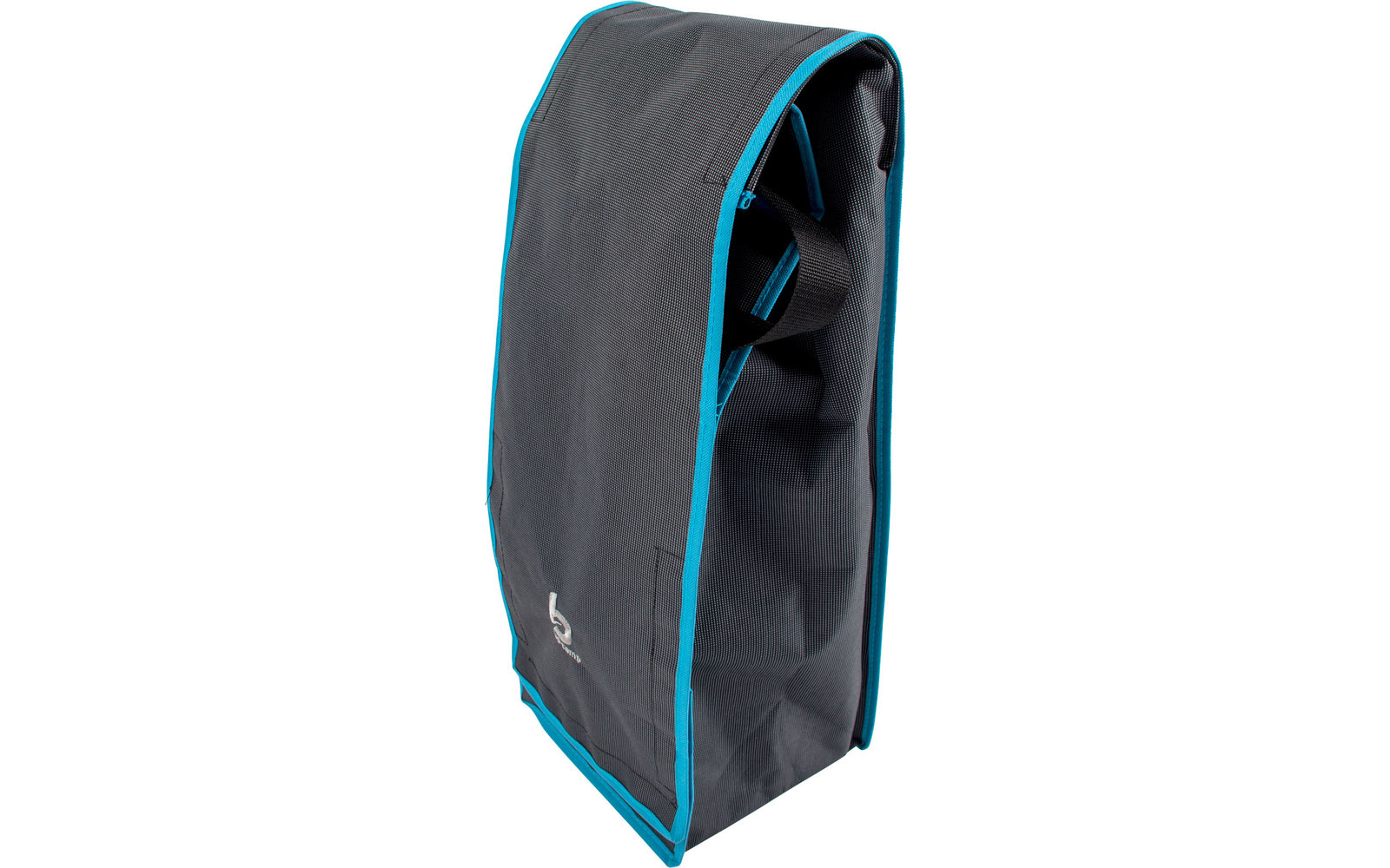 Schwarze Tasche mit blauem Rand, stehend auf weißem Hintergrund