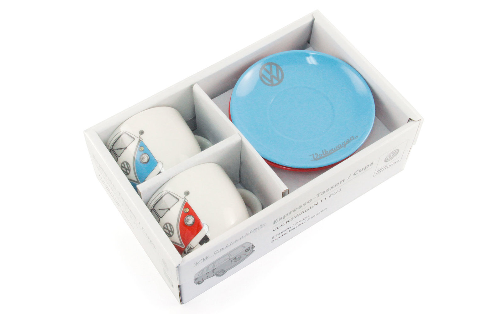 Geschenkset mit zwei Tassen und einer blauen Schüssel in einer weißen Verpackung