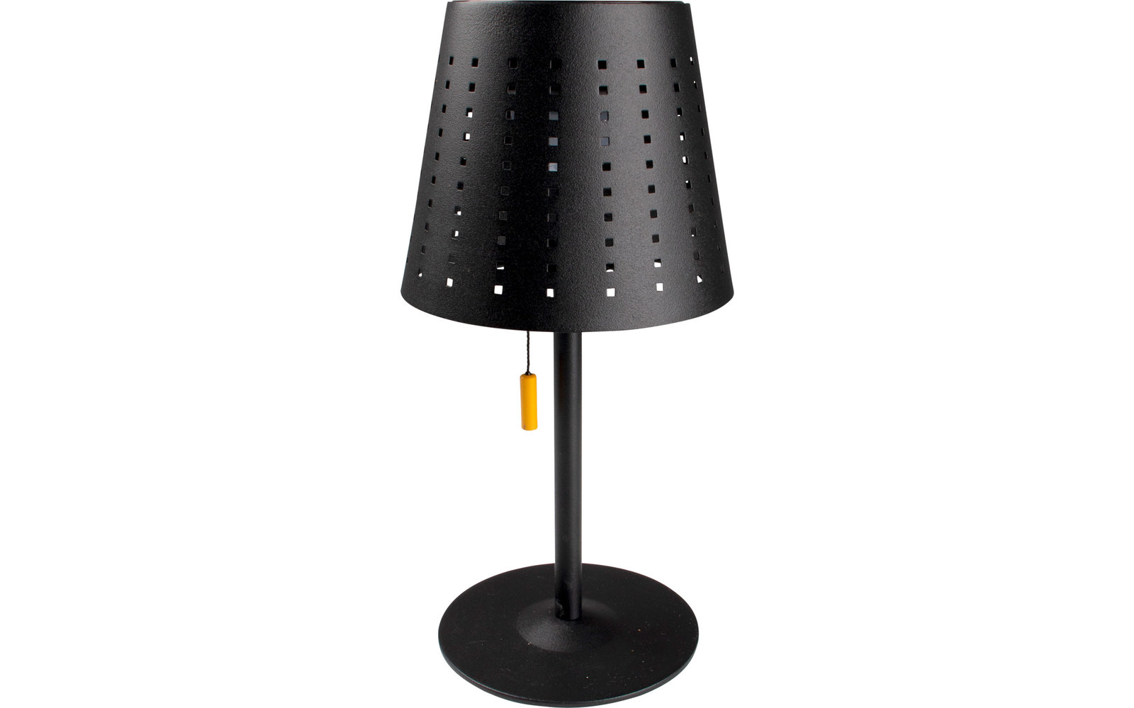 Zwarte tafellamp met ronde voet en geperforeerde lampenkap