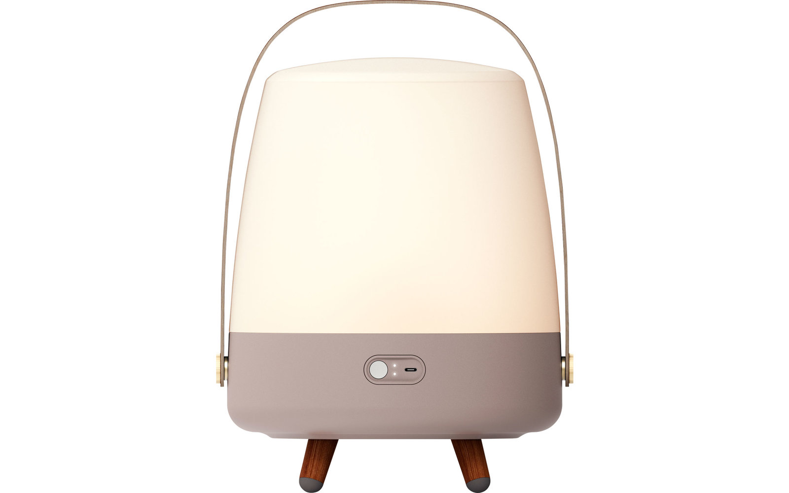 Lampe portable moderne avec abat-jour lumineux, base marron et poignée de transport