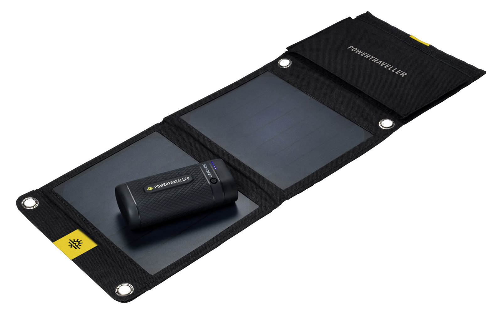 Schwarzes, faltbares Solarpanel mit integriertem Akku auf weißem Hintergrund