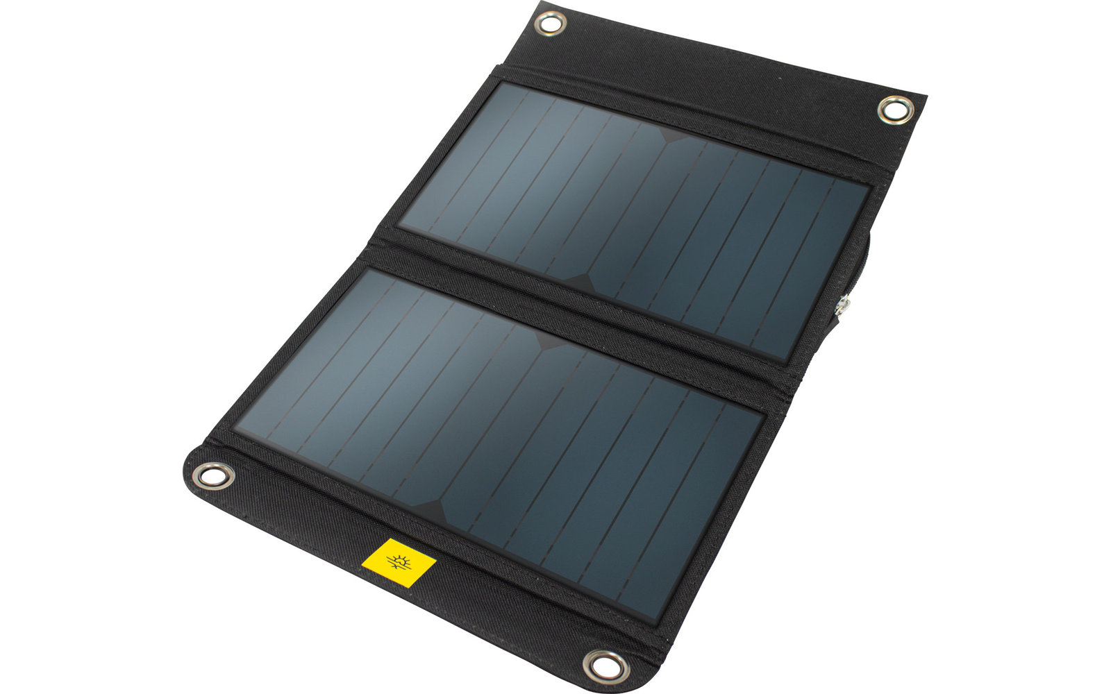 Zusammengeklappte, schwarze Solartasche mit zwei blauen Solarzellen