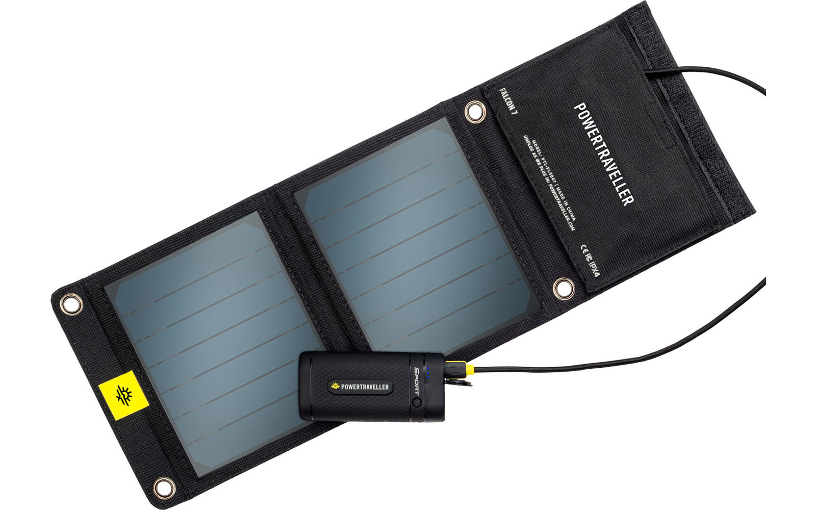Aufgeklapptes, faltbares Solarpanel mit Kabeln