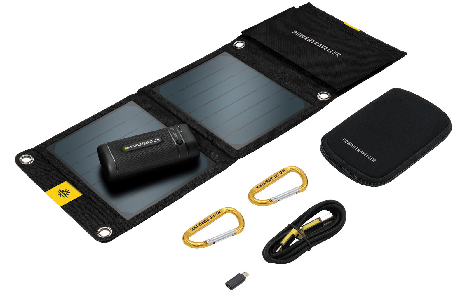faltbares Solarpanel mit USB-Ladegerät, Carabiner-Haken und Kabel