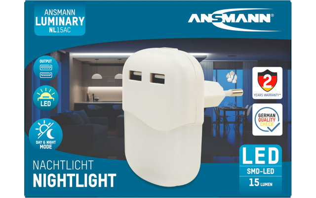 Ansmann NL15AC + 2USB luce notturna con sensore crepuscolare incl. 2 porte USB