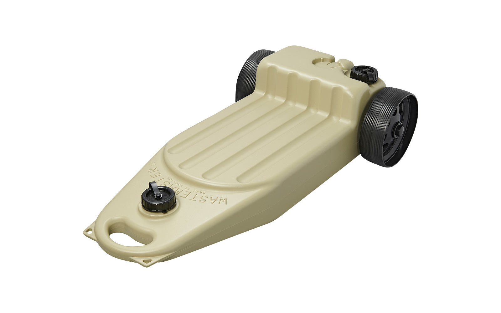 Beige Wasserwagen mit zwei schwarzen Rädern und einem schwarzen Ventil oben