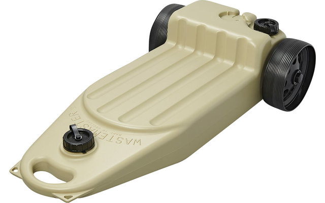 Beige Wasserwagen mit zwei schwarzen Rädern und einem schwarzen Ventil oben
