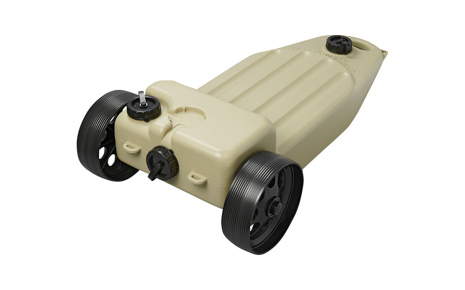 Beige Kunststoffkanister mit zwei schwarzen Rädern