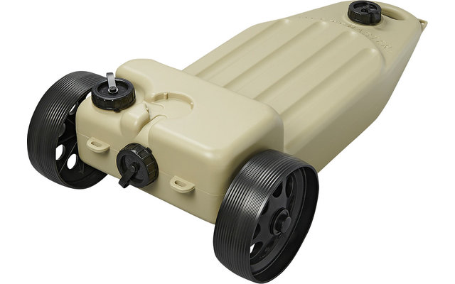 Beige Kunststoffkanister mit zwei schwarzen Rädern