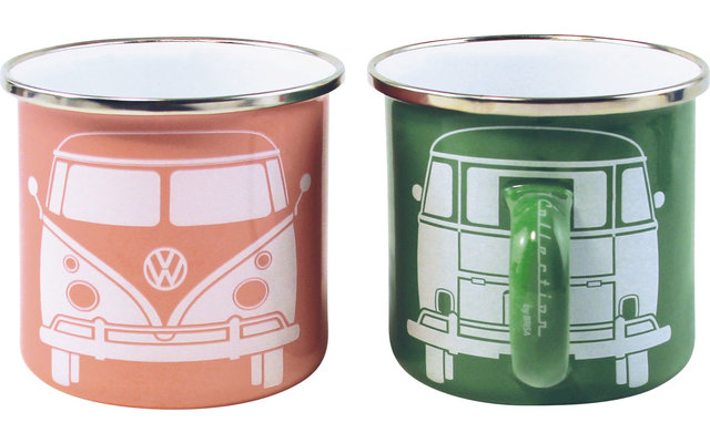 Colección VW T1 Bus Juego de tazas de esmalte 2 piezas 350 ml Verde / Rosa