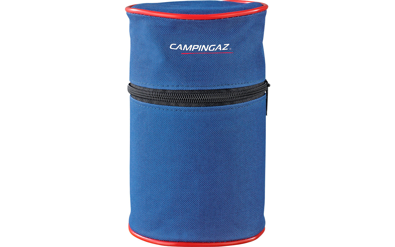 Blue and red fabric container with zipper
