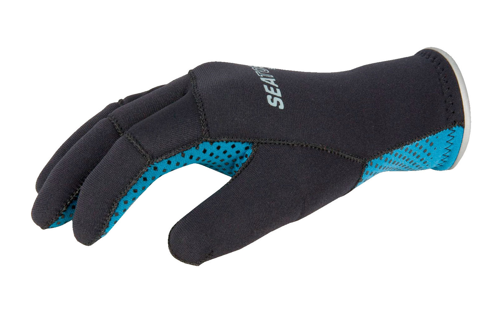 Zwarte handschoen met blauwe accenten, zijaanzicht