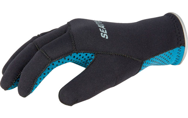 Zwarte handschoen met blauwe accenten, zijaanzicht