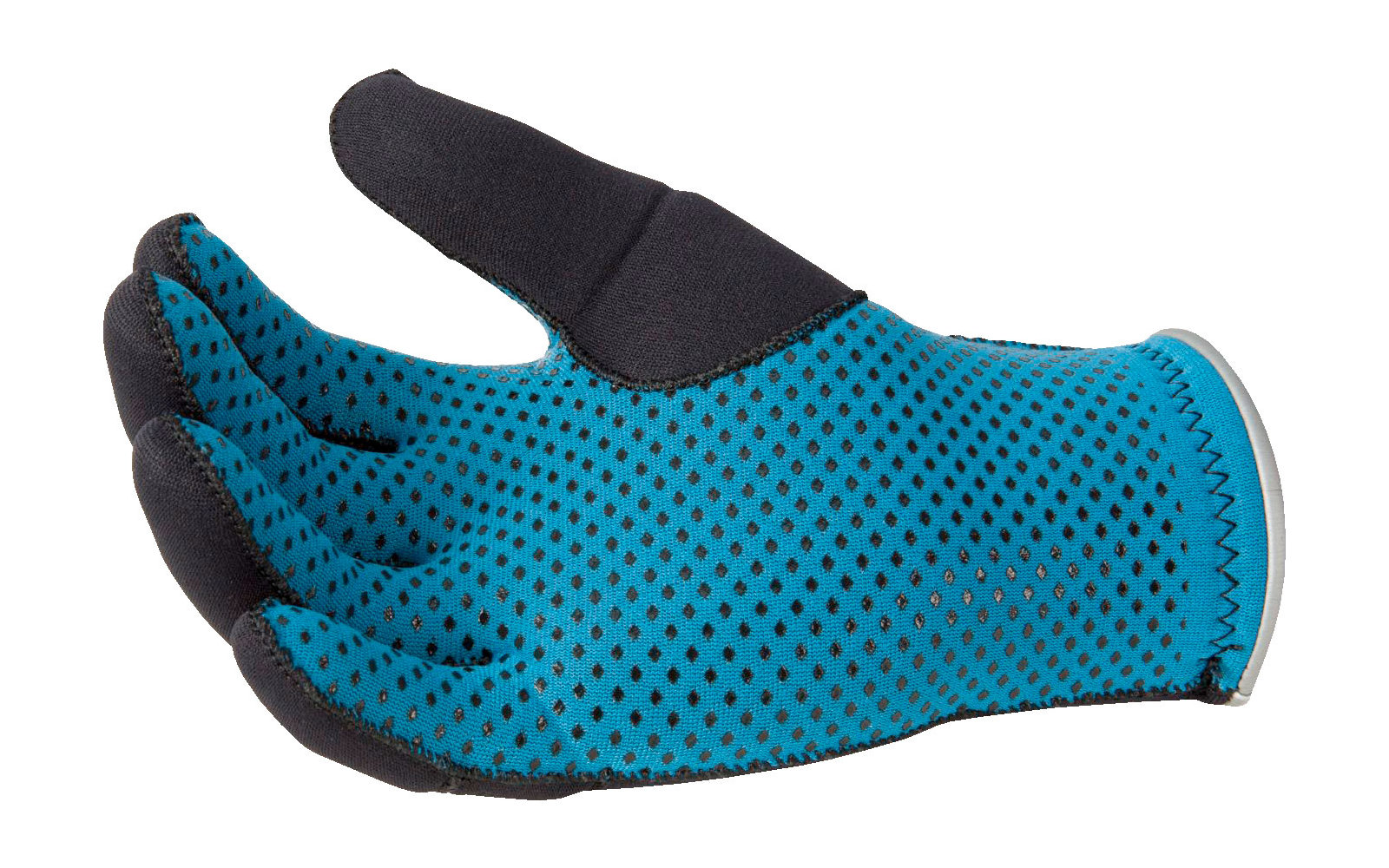 Blauw-zwarte handschoen met stippen, palm naar boven gericht