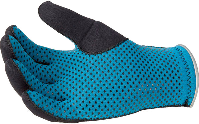 Blauw-zwarte handschoen met stippen, palm naar boven gericht