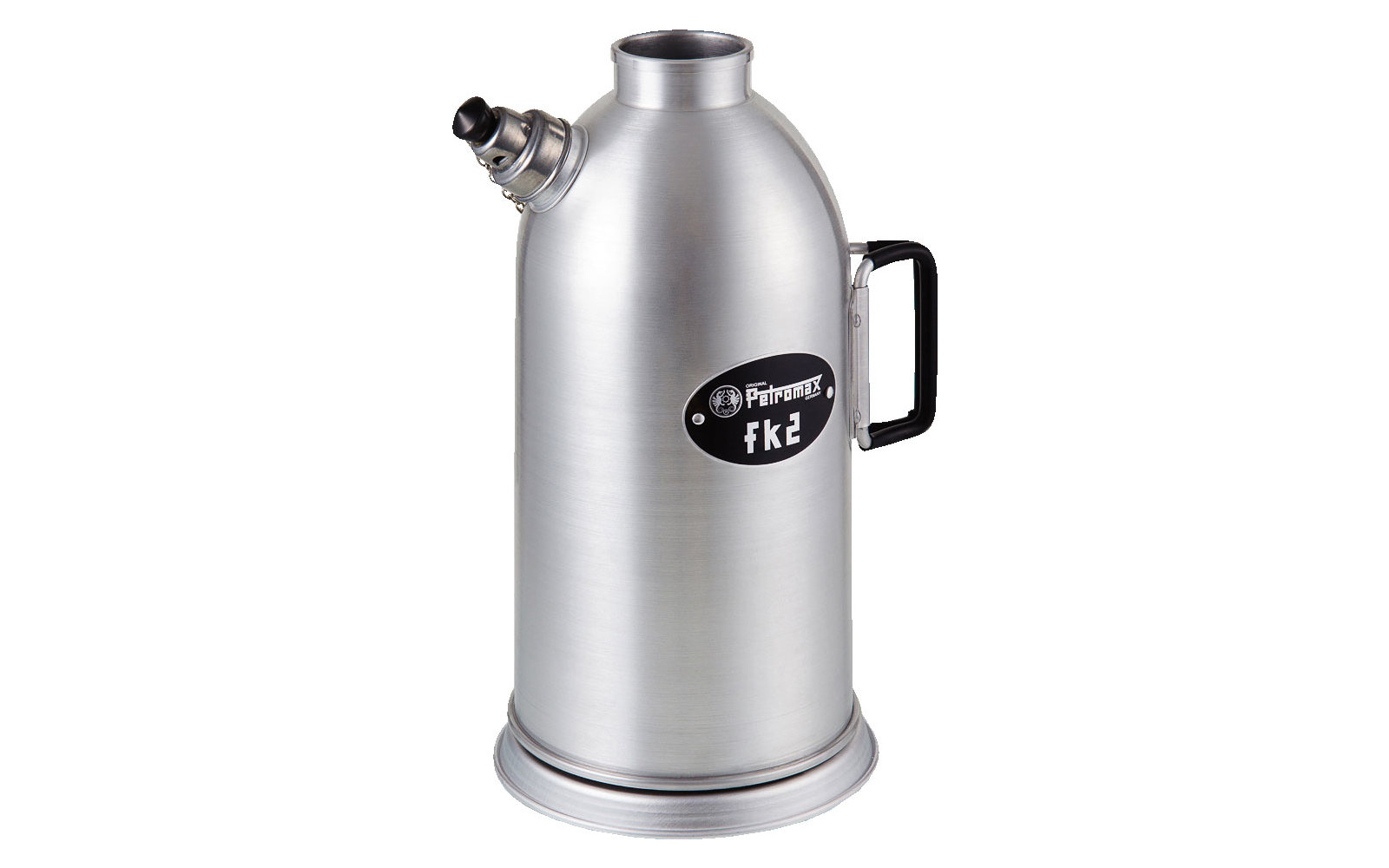 Silberner Metalldruckbehälter mit schwarzem Griff und Kleber mit der Aufschrift Ferrex FK2