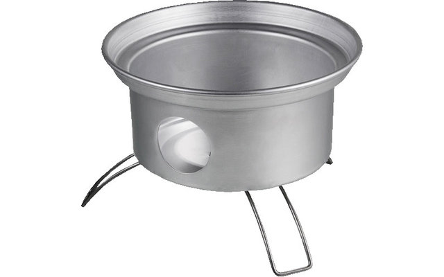 Runder Metalltopf mit drei dünnen, gebogenen Beinen und einem runden Loch an der Seite