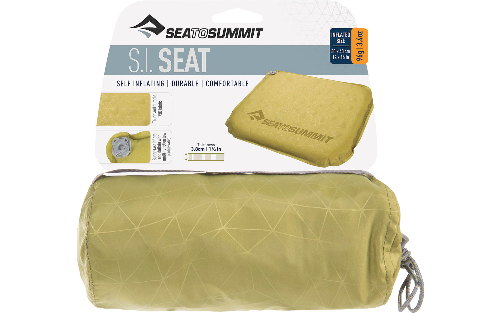 Aufblasbares Sitzkissen in Verpackung, beige, mit Markenlogo
