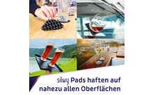 Vier Bilder zeigen Hände beim Auflegen von Pads auf verschiedene Oberflächen und die Abriebfestigkeit der Pads