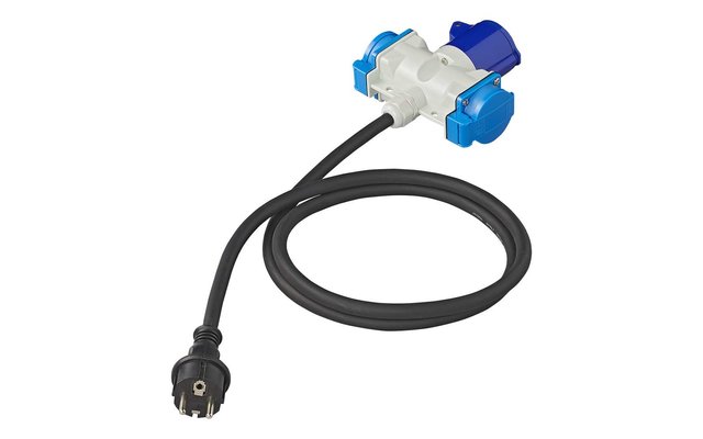 Cable adaptador PAT 150 cm 3 x 2,5 mm² de la clavija Schuko a 1 toma de corriente CEE y 2 Schuko