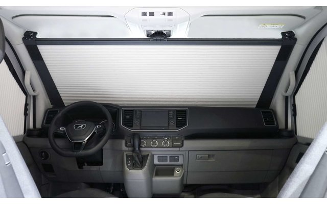 REMIfront V occultation frontale VW Crafter à partir de 2019 / verticale / véhicule avec vide-poches en haut / cadre gris / plissé gris clair
