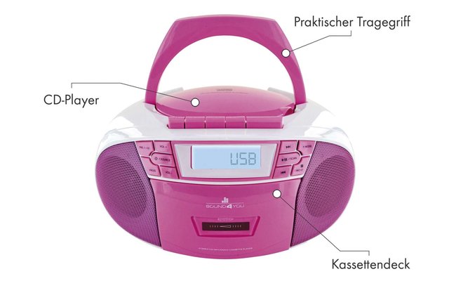 Schwaiger FM/CD/Cassette Boombox Lettore CD portatile, rosa