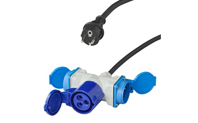 Cable adaptador PAT 150 cm 3 x 2,5 mm² de la clavija Schuko a 1 toma de corriente CEE y 2 Schuko