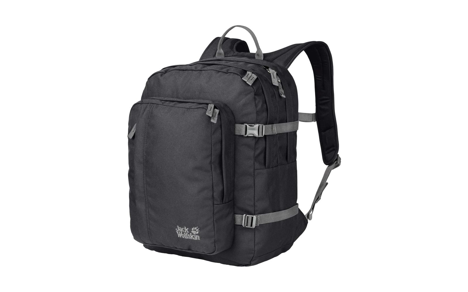 Schwarzer Rucksack mit mehreren Fächern und grauen Details