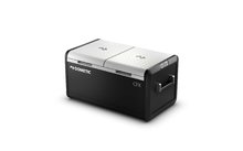 Black and white mini fridge with control panel on the front