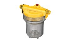 Gelber und transparenter Wasserfilter mit rundem Behälter und Ablassventil