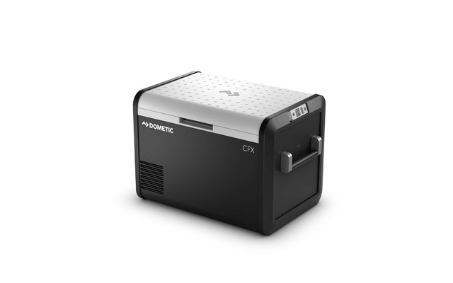 Weiße Kühlbox mit schwarzem Deckel auf weißem Hintergrund