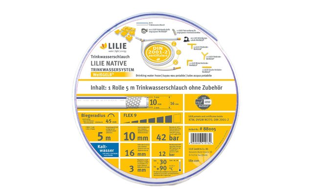 Lilie native 5m roll drinking water hose 10x16mm - cold