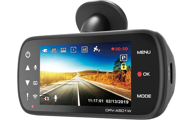 Kenwood DRV-A501W Wide Quad HD Dashcam con G-Sensor e GPS e collegamento wireless nero