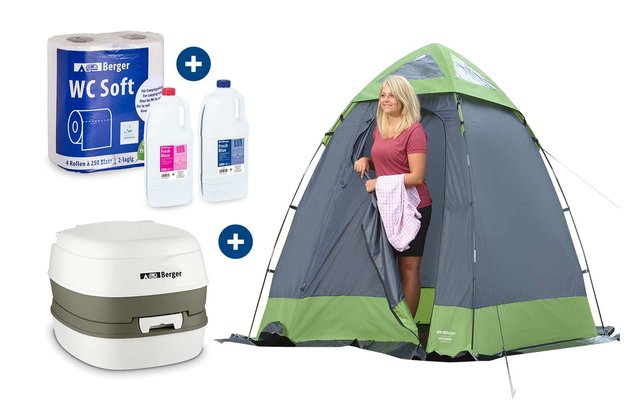 Set WC da campeggio Comfort con tenda universale e accessori per sanitari Berger Starter