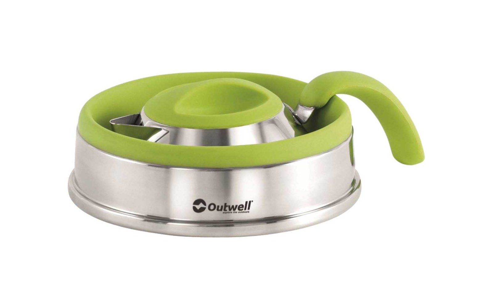 Groene en zilveren koffiefilter met handvat op witte achtergrond