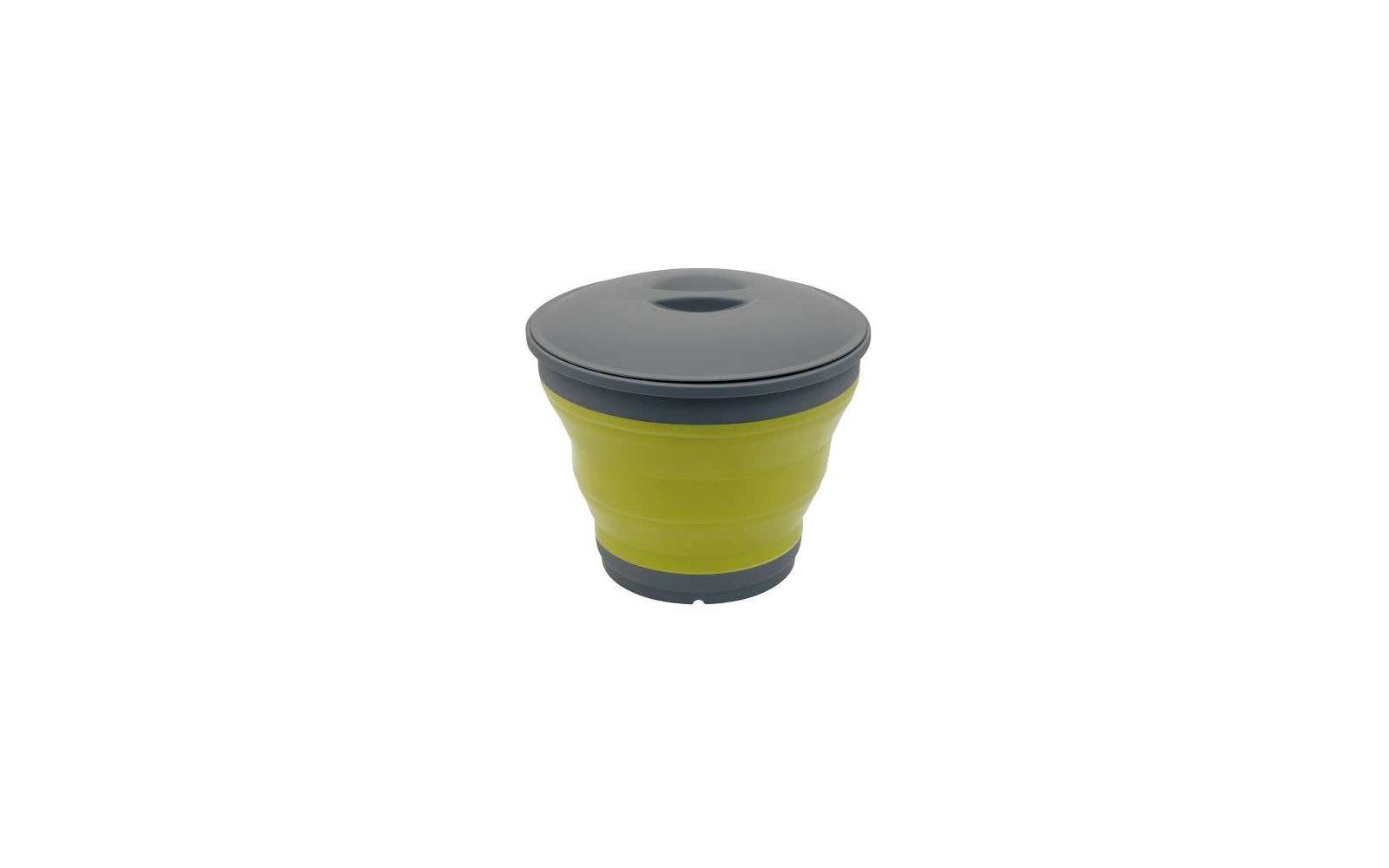Vaso plegable verde con tapa gris sobre fondo blanco
