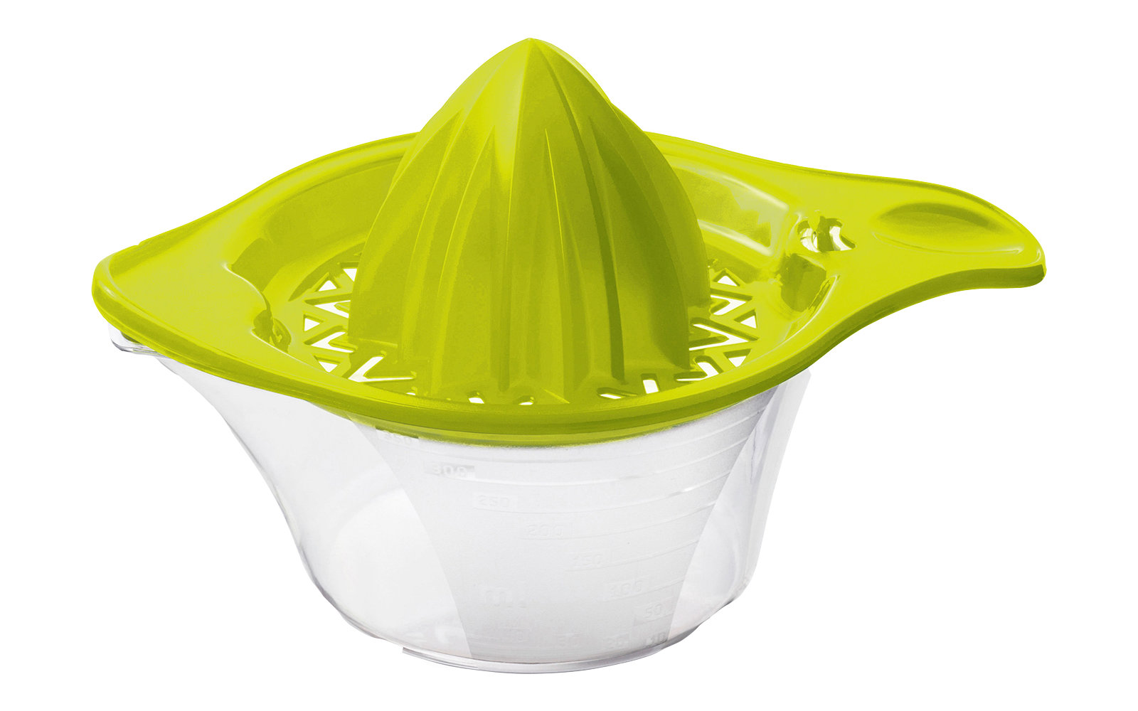 Grüner Zitruspresseaufsatz auf transparentem Becher