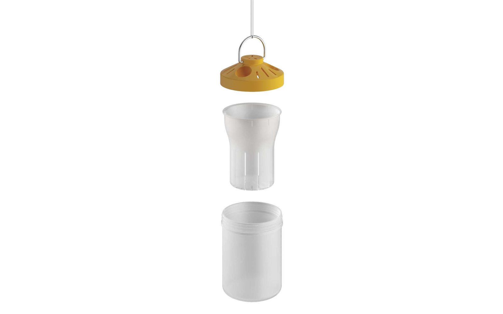 Zerlegte Keramik-Lampe mit gelber Fassung, weißem Lampenhalter und weißem Lampenschirm