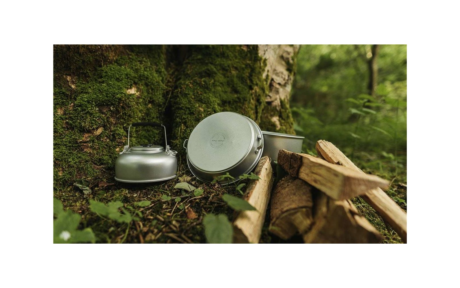 Camping pot and pan on the ground next to firewood