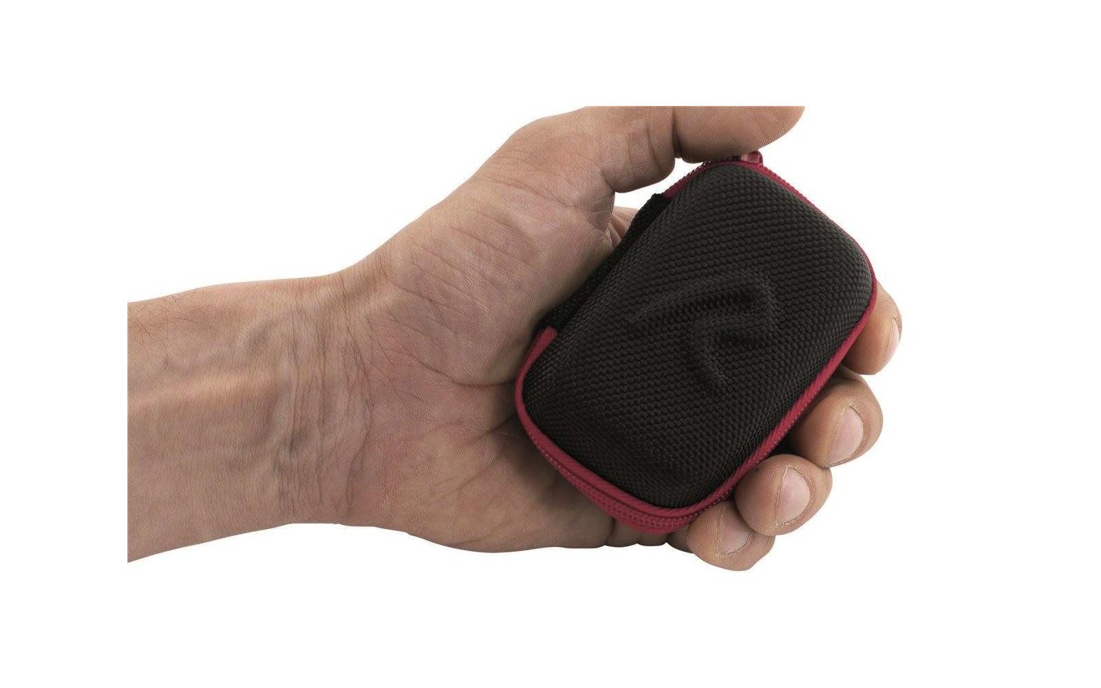 Hand houdt een klein zwart en rood elektronisch apparaat vast