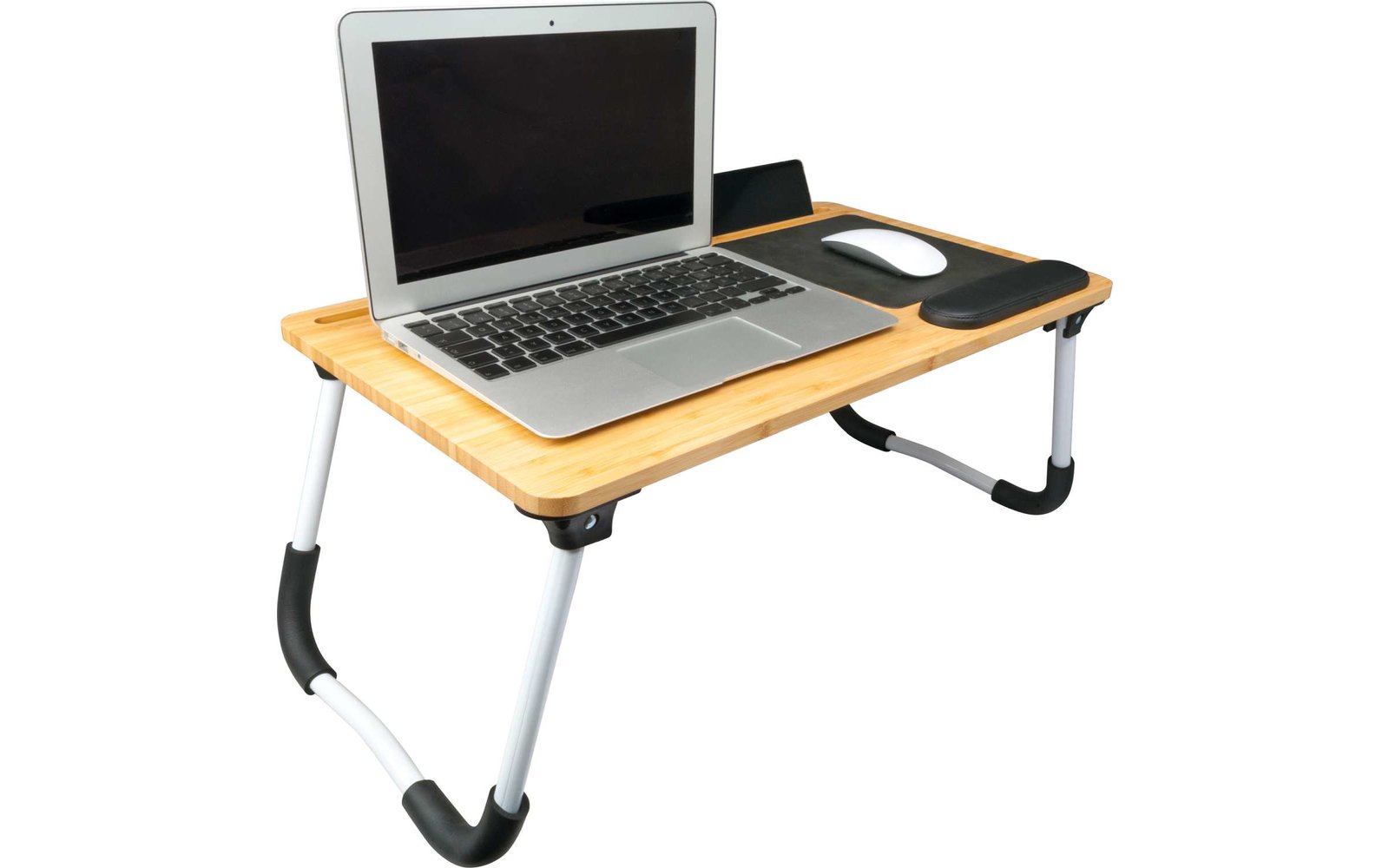 Klappbarer Laptop-Tisch aus Holz mit Metallbeinen und einem Laptop darauf