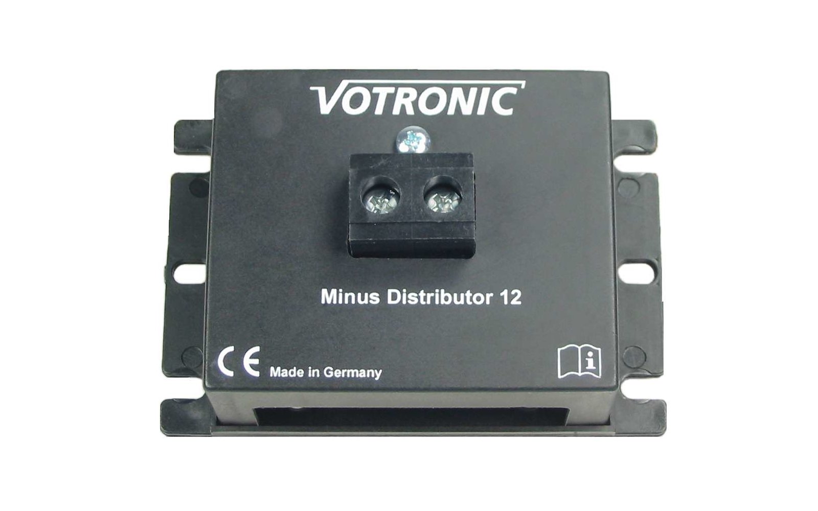 Zwart elektronisch apparaat met het label VOTRONIC en Minus Distributor 12