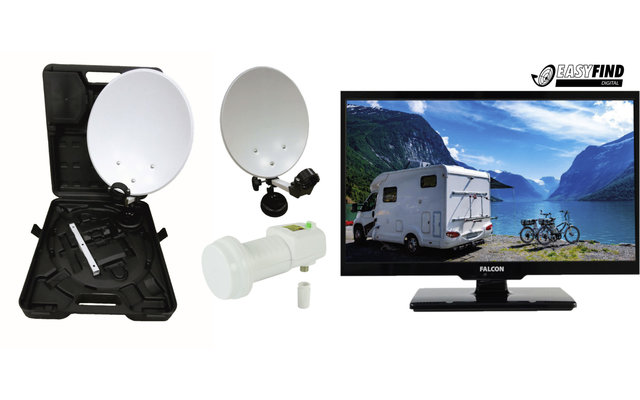 Sistema móvil de satélites Easyfind Falcon Juego completo de maleta de camping incl. TV LED de 22