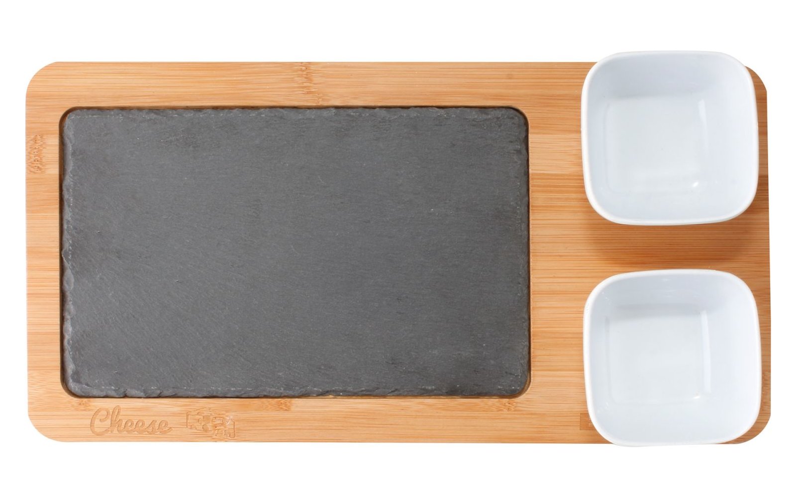 Ein rechteckiges schwarzes Schneidebrett auf einer Holzoberfläche mit zwei weißen quadratischen Schalen daneben