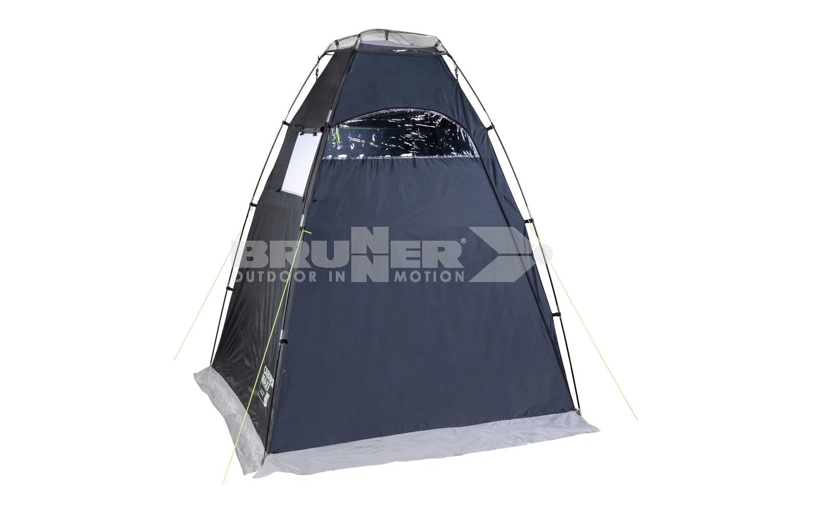 Tenda triangolare blu scuro con pali bianchi e ingresso aperto