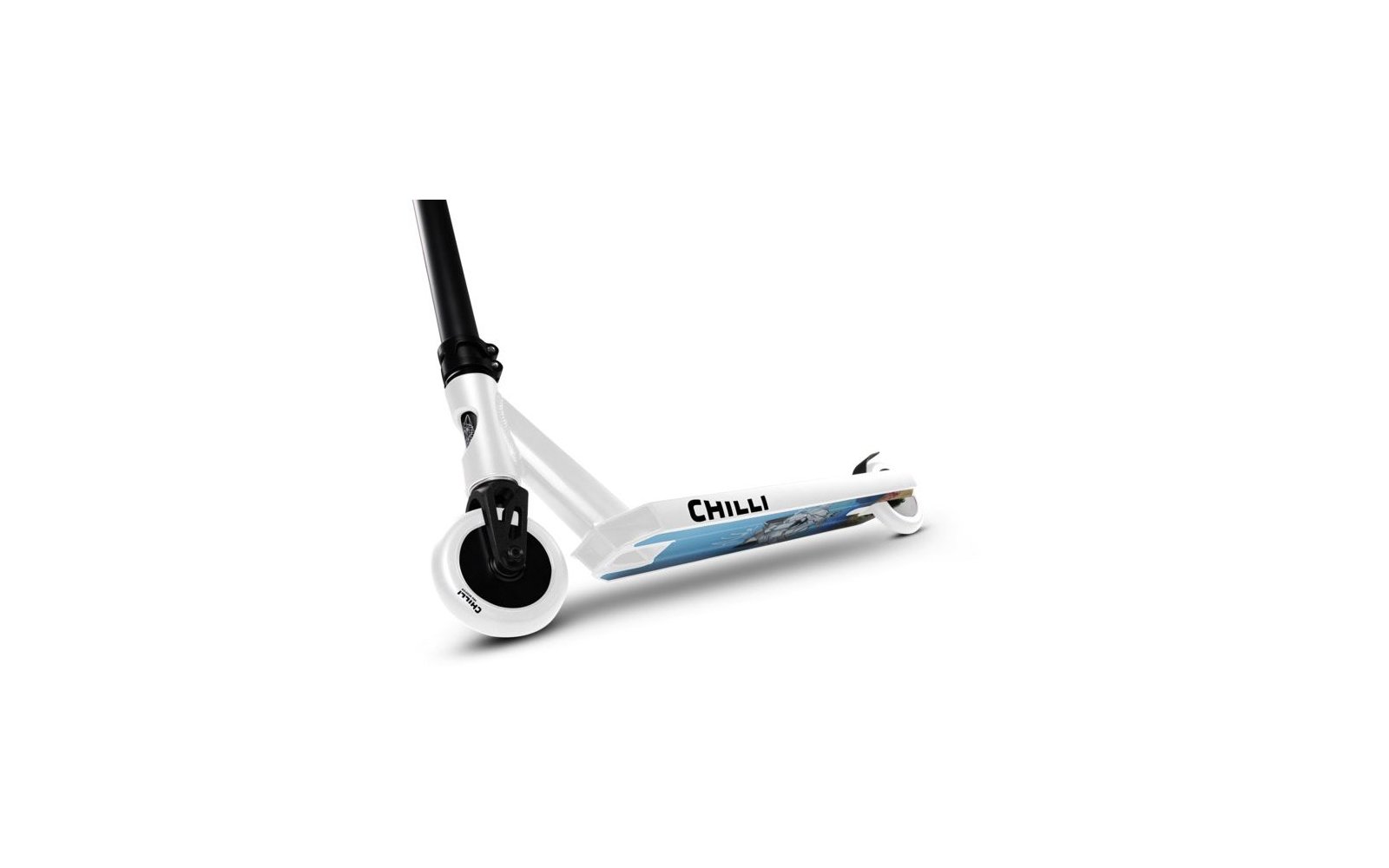 Weißer Scooter mit schwarzem Lenker und blauen Akzenten