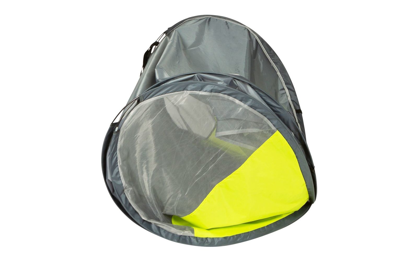 Offener Wäschesack mit grauem Netz und gelber Innenseite