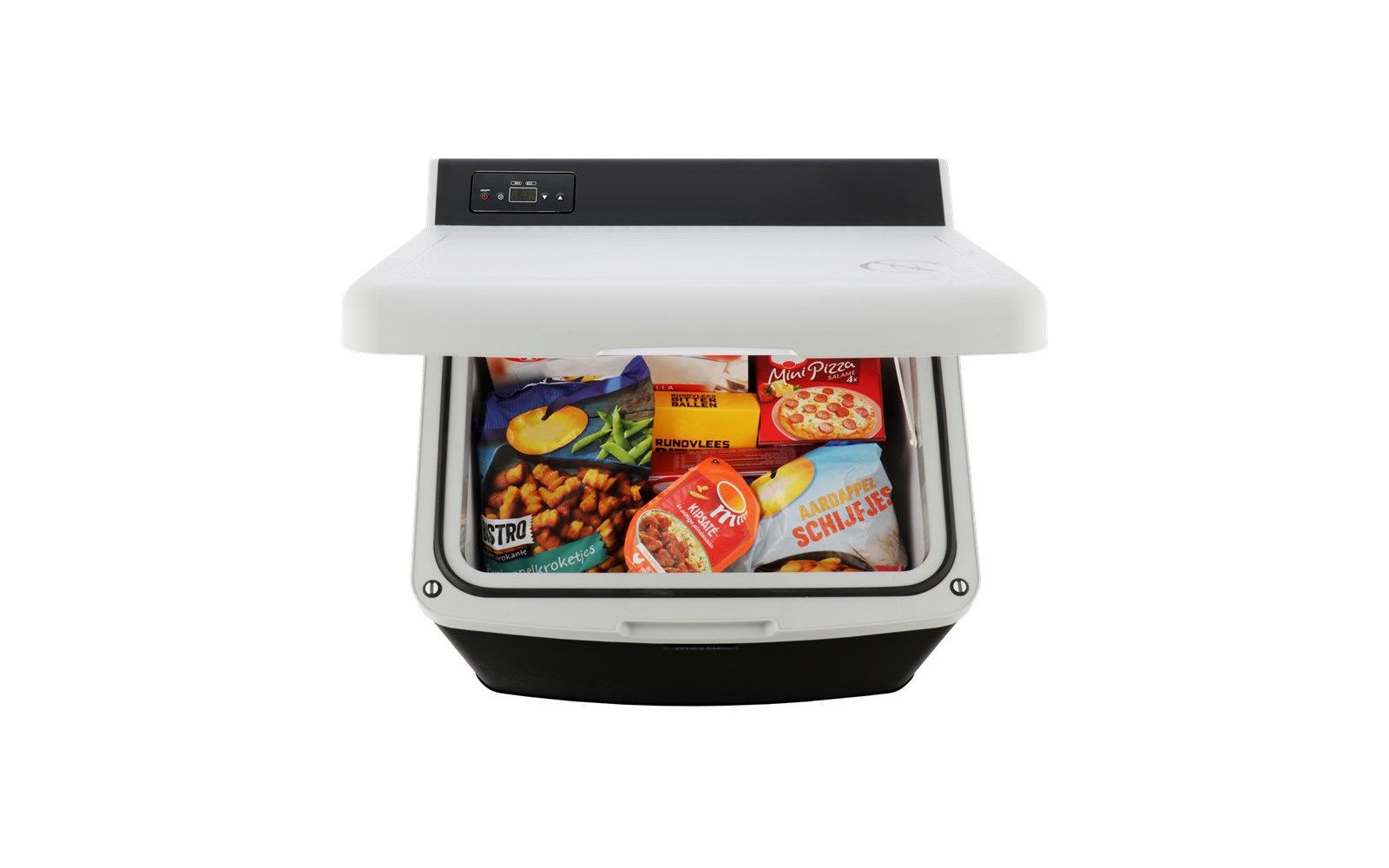 Congelador abierto con varios alimentos congelados en envases