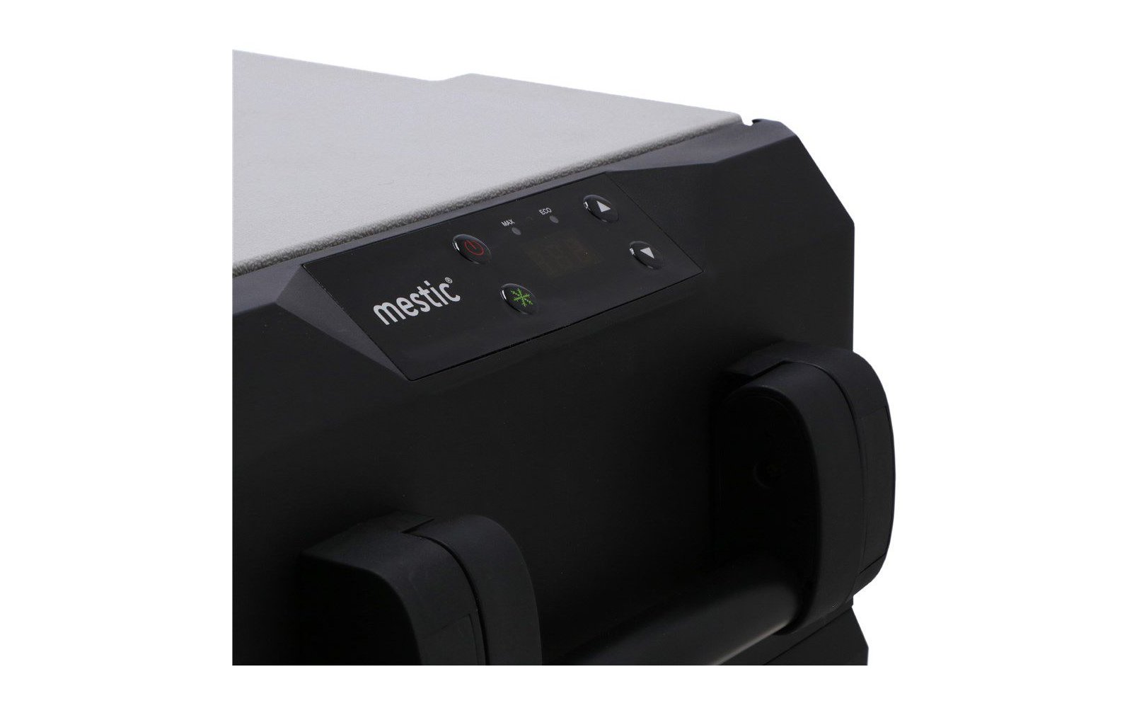 Schwarzes elektronisches Gerät mit Display und zwei schwarzen Rollen