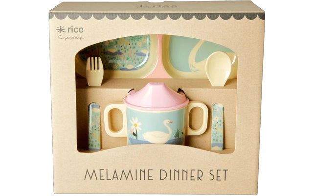 Set de vaisselle Rice Melamin pour enfants 4 pièces avec des cygnes rose